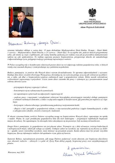 List Prezesa KRUS do Rolników i Dzieci